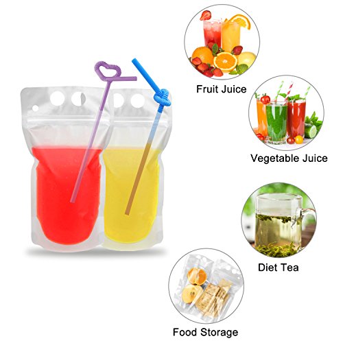 100 Pcs Drink Pouches with 100 Straw Holes, Freezable Juice Pouches, Translucent Reclosable Zipper Plastic Pouche Drink Bags for Cold & Hot Drinks for Adults and Kids