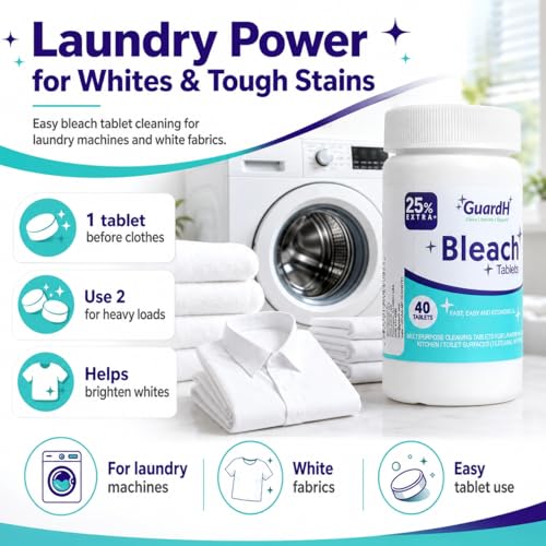 Bleach Tablets for Laundry & Household Cleaning – 40 Count Fast Dissolving Bleach Tabs for Washer, Toilet, Bathroom & Kitchen – Liquid Bleach Alternative – GuardH