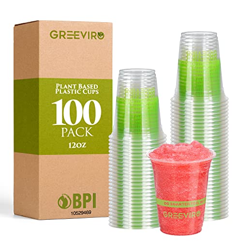 Eco Compostable Plant-Based Clear Plastic Cups 12oz Thick, Reusable, Disposable Iced Coffee Cups for Smoothies, Beer & Any Beverages for Parties, Weddings & Gatherings