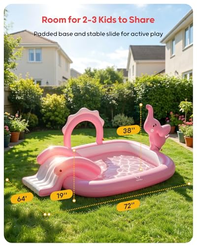 QPAU Elephant Kids Pool with Slide and Sprinkler, Inflatable Play Center with 4 Rings, 72 × 64 × 37 in, Fast Inflation Kiddie Pool for Garden & Backyard, Birthday Gift for Ages 1+ (Pink)