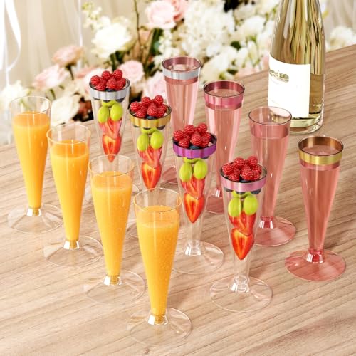 20 Pack Champagne Flutes Plastic Wine Glasses Disposable, 4.5 Oz Gold Rim Mimosa Glasses for 2026 Engagement Wedding Birthday Women's Day Party Supplies, Bulk Toasting Cocktail Cups