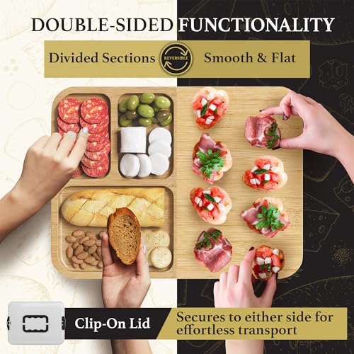 Charcuterie Board with Lid - Reversible, 2-in-1 Travel Portable Cheese Board for Picnics & Entertaining - Housewarming Gift Set Idea - Covered Snack Serving Tray - Large Food Platter