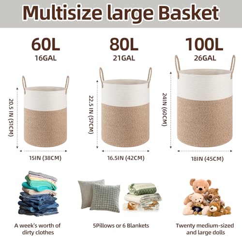 OIAHOMY Large Laundry Basket Hamper - 60L Cotton Rope Woven Basket for Blankets, Toys, Clothes - Tall Decorative Nursery Hamper with Long Handles, Brown/White