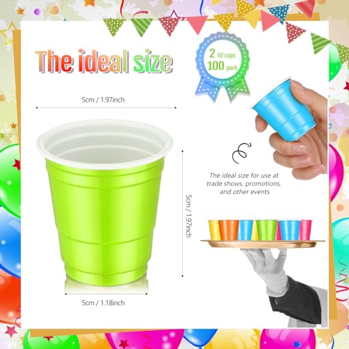 Roshtia 100 Pack 2 oz Plastic Shot Cups, Graduation Mini Disposable Shot Glasses 2 oz Party Cups for Graduation Wedding Party, Beer Taste Serving, Snacks(Multi Colors)
