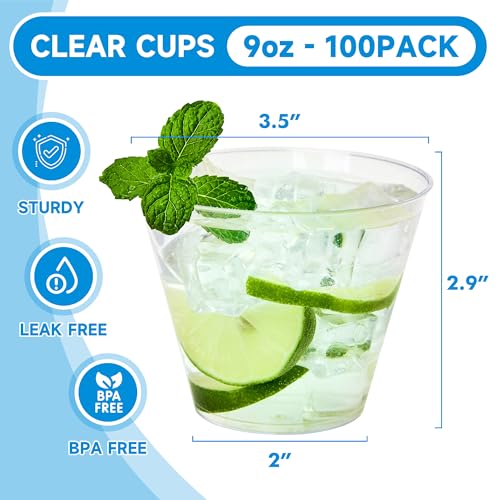 RACETOP 9 oz Clear Plastic Cups 100 packs, Disposable Plastic Party Cups Tumblers, Cocktail Cups, Perfect for Parties, Wedding and Events