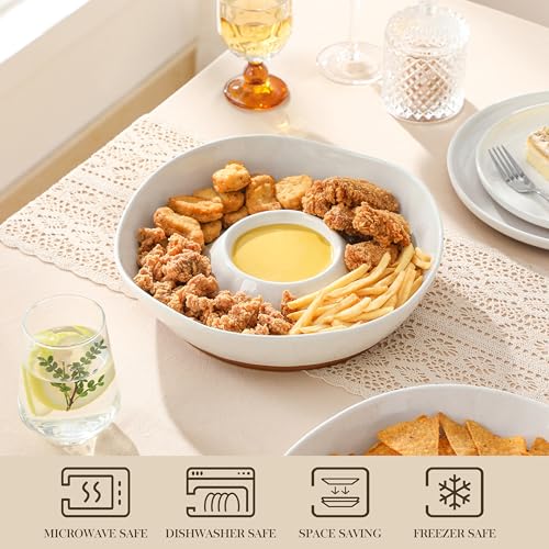 MALACASA Ceramic Chips and Dip Serving Tray, 12 Inch Large Divided Bowls Set for Salsa, Veggies & Dip, Appetizers, Snacks, Free-Form Serving Dish Platter for Parties Hosting & Entertaining, White