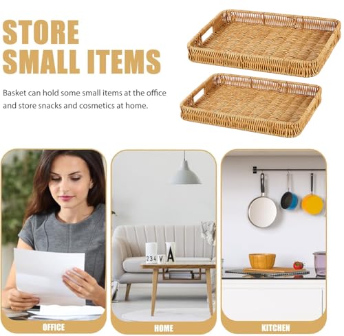 2 Pack Rectangle Rattan Serving Trays with Handles, Decorative Woven Wicker Organizer Baskets Storage Tray for Coffee Table, Bread, Fruit, Snacks