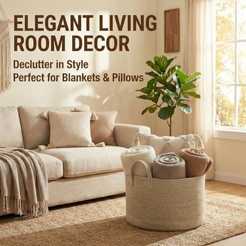 65L Extra Large Blanket Basket for Living Room - Woven Cotton Rope Laundry Hamper with Reinforced Handles - Storage Bin for Pillows, Comforters & Toys - Machine Washable,Oatmeal