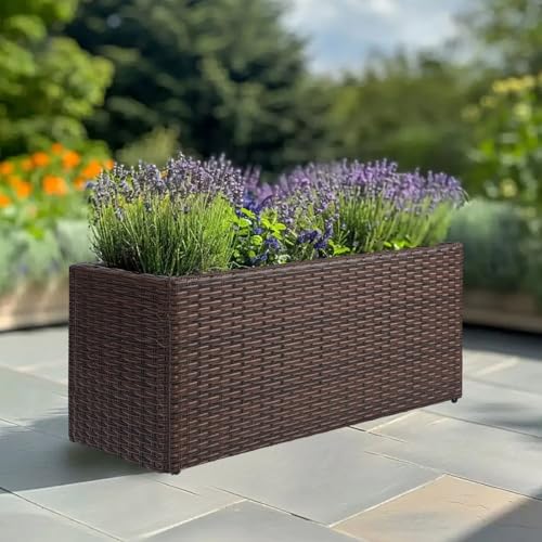 SUNNYPARK Brown Rectangular Planter Box All-Weather PE Rattan Large Modern Planters with Removable Liner Indoor Outdoor Decorative Flower Pot for Patio, Balcony, Garden