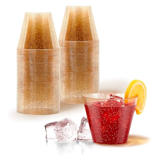 Stock Your Home 9oz Gold Glitter Plastic (50 Pack), Elegant Party Glasses for Birthdays, Weddings and Holidays, Fancy Disposable Cocktail, Clear and Gold, Bulk Wine and Mimosa