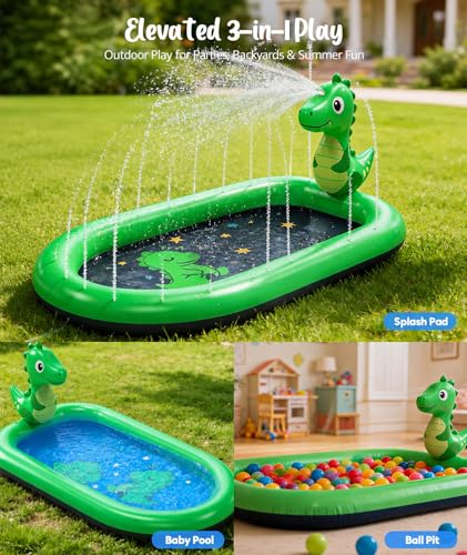 Splash Pad for Toddlers 1-3, Dinosaur Baby Pool & Water Mat for Kids, Inflatable Splash Pad Water Toys Sprinkler Outdoor Kids Pool for Toddlers, 1 Year Old Boy Birthday Gifts