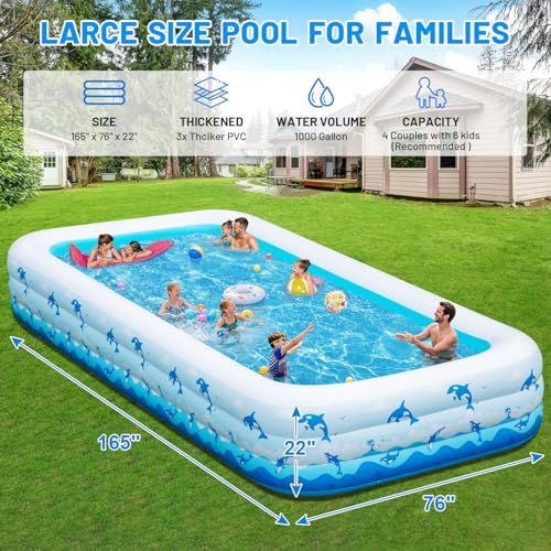 Extra Large Inflatable Swimming Pool – 165" x 76" x 22" Oversized Blow Up Pool for Adults, Big Family Backyard Pool with Pump, Thickened Kiddie Pool for Summer Water Party, Easy Set Up