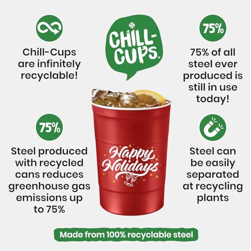 Steel Chill Cups 16 oz. Party Cups Flag Design for Cold Drinks, Sturdy and Durable, Disposable, Recyclable, Made in USA, Patriotic, Red, 12 Count