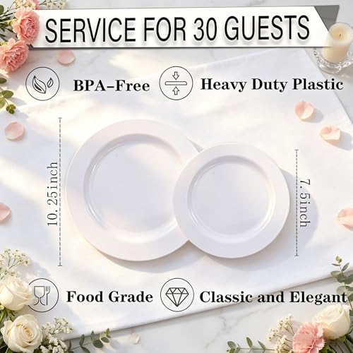 FLOWERCAT 60PCS White Plastic Plates - Heavy Duty White Disposable Plates for Mother's Day/Birthday Party/Wedding -serve for 30 guests Include 30PCS 10.25" & 30PCS 7.5" Plates for Party