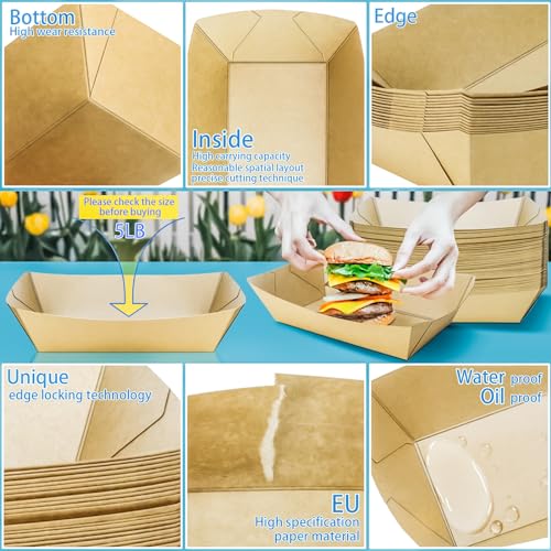 100 Pack 5LB Extra Large Paper Food Boats Trays Disposable Paper Boat, Heavy Duty Kraft Food Serving Tray Boat Basket for Snack Popcorn Sandwich Burger Taco BBQ Dessert Fries Nacho