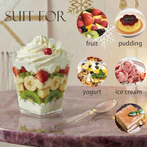 Hiasobre 50Pack 5oz Square Plastic Dessert Cups with Spoons, Reusable Clear Parfait Appetizer Cups, Mini Party Trifle Shooter Serving Cups, Dessert Shot Glasses for Tasting