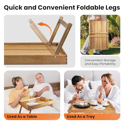 Extra Large Folding Bed Tray Table, 22’’ x 14’’ Acacia Wood Breakfast Tray, Food Serving Tray with Legs for Eating in Bed