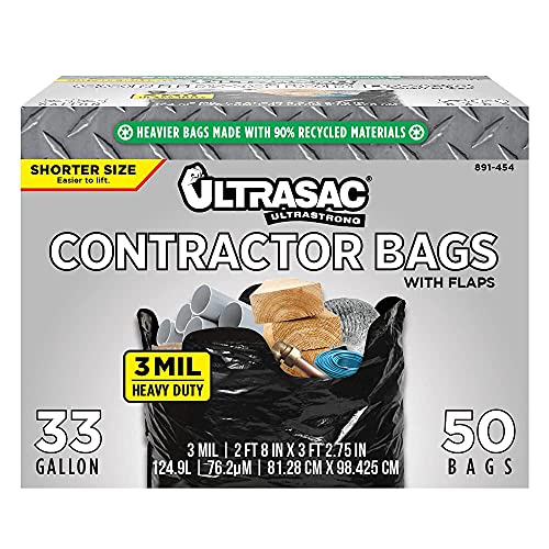 Ultrasac Contractor Trash Bags - (50 Pack/w Ties) - Heavy Duty 3 MIL Thick, 39" x 32", Shorter 33 Gallon Black Version - for Industrial, Commercial, Professional, Construction, Lawn, Leaf, and More