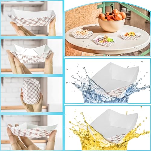 300 Pack Checkered 1/4Lb Paper Food Boat Trays Disposable Small Paper Boats Plates Containers, 0.25Lb Mini Kraft Food Serving Boat Tray Bowls for Snack Fries Dessert Popcorn Sauce Taco Nacho