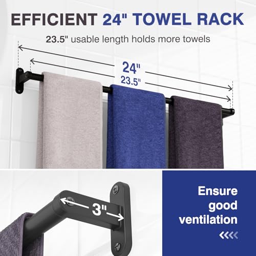 Matte Black Towel Rack for Bathroom - 24" Rustproof Towel Holder, Sturdy Towel Bar Wall Mounted, Space-Saving Towel Hanger, Bathroom Accessories, Home Decor, Apparment Essentials
