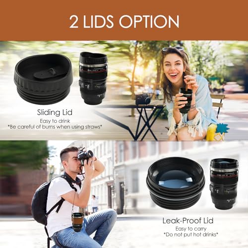 Coffee Mug- Ideal for Photographers&Travelers - Day Gifts,2 Lids,Cup Holder,Silicone Straw- Stainless Steel Lens Mug Thermos-Gift for Him, Photography, Camera accessories, Novelty Gifts