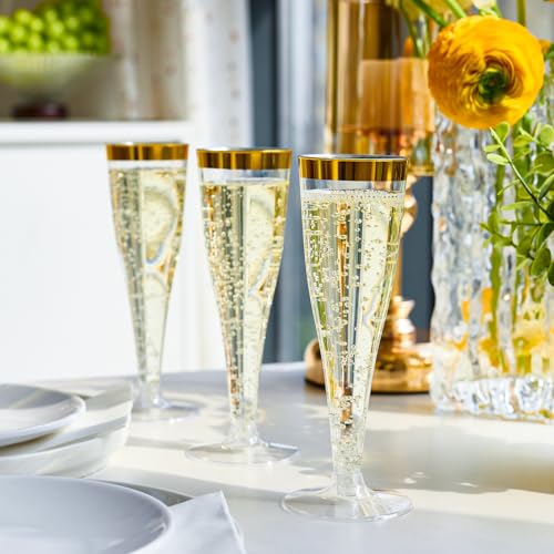 FOCUSLINE 50 Pack Plastic Champagne Flutes, 4.5 Oz Gold Rim Disposable Champagne Glasses for Wine, Cocktails, Mimosas, Disposable Clear Toasting Glasses, Perfect for Parties and Any Celebrations