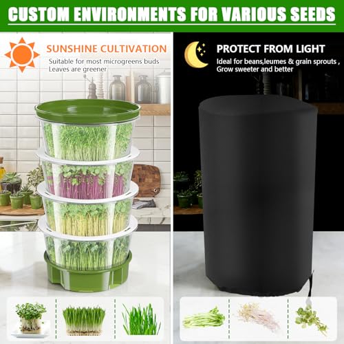4-Tier Sprouts Growing Kit with Drain Hose & Ventilation Holes, Stackable Microgreens Growing Sprouting Trays Including Blackout Cover, Soil-Free Sprouter for Planting Broccoli Alfalfa Bean Seeds