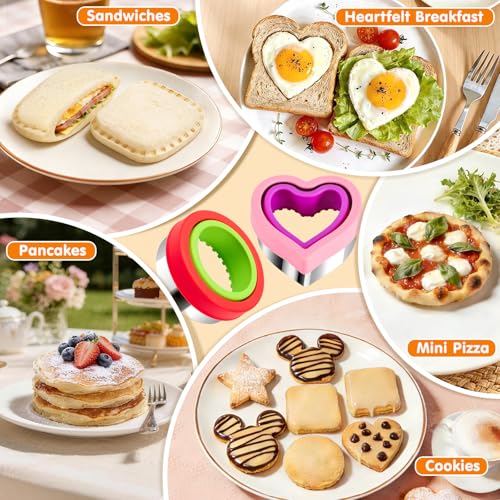 HINZER Sandwich Cutter and Sealer Set 4 Pcs Bread Decruster Sandwich Cutter Pancake Maker Heart Square Circle Dinosaur Shape DIY Cookie Cutters Gift for Kids Adult Boys Girls