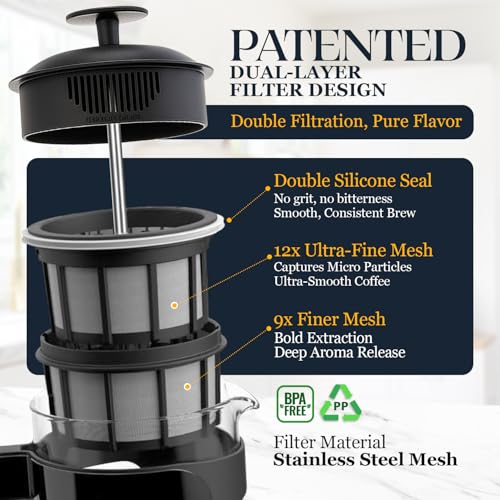 ESPRO P3 French Press Coffee Maker – Patented Double Micro-Filter for Grit-Free Brew, Heat Resistant thicker Borosilicate Glass Coffee press – (Black 32 oz)