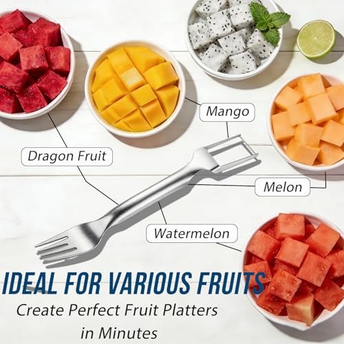Watermelon Fork Slicer Cutter, 2-in-1 Stainless Steel Watermelon Slicer & Fruit Fork, Summer Kitchen Gadget for BBQ Parties, Camping & RV Adventures