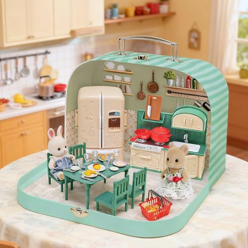 Dollhouse Kitchen Furniture Suitcase Set for Kids, 2 Flexible Dolls/Dining Tble/Kitchenware/Tableware/Refrigerator/Bread, Pretend Play Dollhouse