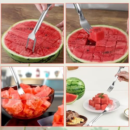 Watermelon Cutter, 2-in-1 Stainless Steel Fruit Cutter, Dual Head Watermelon Fork Slicer Tool, Summer Fruit Cutting Kitchen Gadget for Home (2PCS)