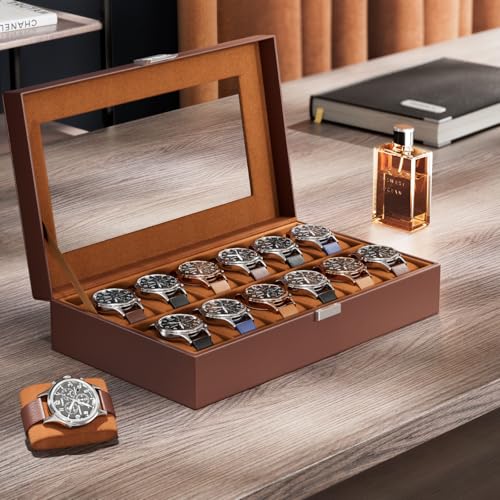 ProCase Watch Box Organizer, Fathers Day Gift for Dad, 12 Slot Watch Display Case With Glass Lid, Watch Storage Holder Mens Watch Case, Anniversary Birthday Gifts -12 Slot, Brown