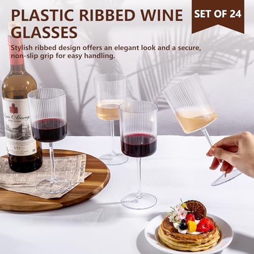 YOUBET 24 Pack Plastic Ribbed Wine Glasses - 10 OZ Clear Square Wine Glasses with Stem - Heavy Duty Vintage Disposable Champagne Cups for Wedding Parties