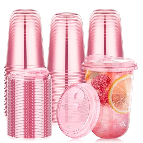 KesaPlan 50 Pack 16 oz Pink Plastic Party Cups with Sip Lids, Disposable Iced Coffee Cup with Lid, Round Bottom Stemless Glasses Drinking Cups for Valentine's Galentine's Bachelorette Party Holiday
