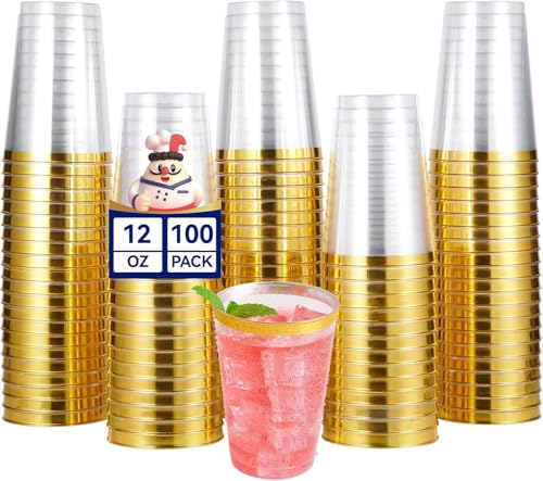 JOLLY CHEF 100 Pack Gold Plastic Disposable Cups, 12 oz Clear Plastic Cups Tumblers, Elegant Gold Rimmed Disposable Glasses for Wedding, Thanksgiving Day, Christmas