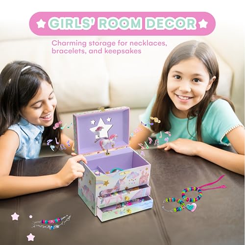 Jewelkeeper Enchanting Unicorn Musical Jewelry Box for Girls - Sparkling Rainbow Design Music Box with 2 Pullout Drawers to Store Earrings, Necklace and Bracelets - Plays The Beautiful Dreamer Tune