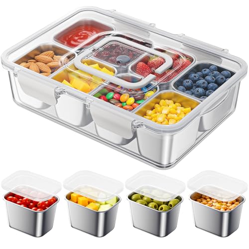 Snackle Box Container with 8 Removable Stainless Steel Compartments Divided Serving Tray with Portable Handle for Beach, Road Trip, Picnic, Boat Days, Ball Games, Pool and Parties