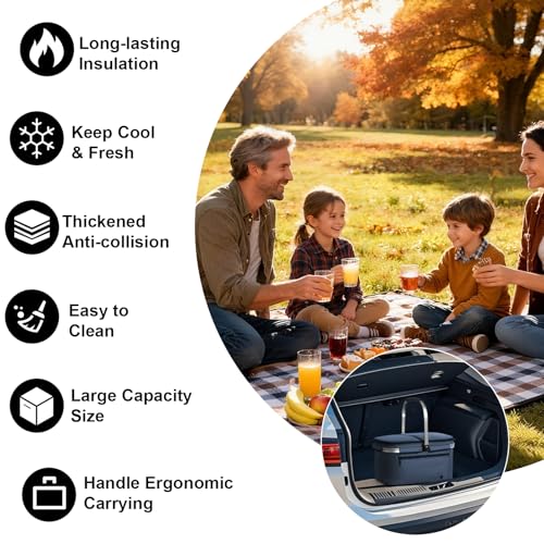 ALLCAMP Picnic Basket - 2 Ice Box Included 32L Insulated Cooler, Thickening Foldable Picnic Basket with Removable Baskets & Sewn-in Frame, Basket for House Warming Gifts New Home(Blue)