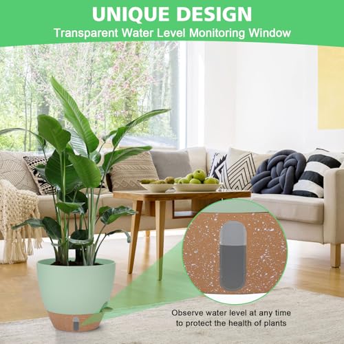 12" 10" 9" 8" Self Watering Pots with Water Level Indicator, Large Plastic Planters Set with Mesh Drainage Hole and Removable Saucer Reservoir, Big Flower Pot for Indoor Outdoor Plants (Green)