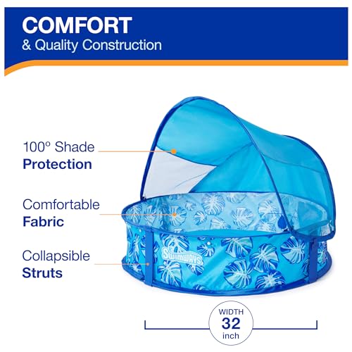 Swimways Elite Pop-Up Above Ground Pool, Baby Pool with Canopy & Carrying Case, Foldable Kiddie Pool for Ages 9-24 Months, Measures 32", Blue