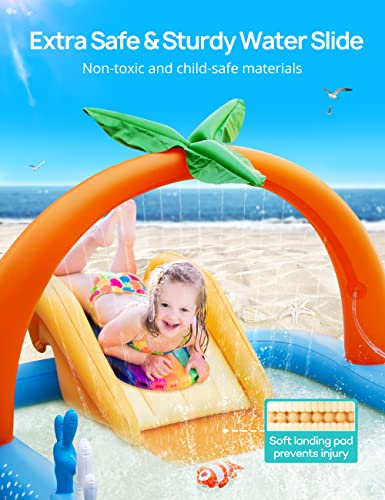 Kiddie Pool with Slide Inflatable Play Center Wading Lounge Kids Pool, Coconut Palm Sprinkler, Water Game Play Center 95''x75''x40'', Blue