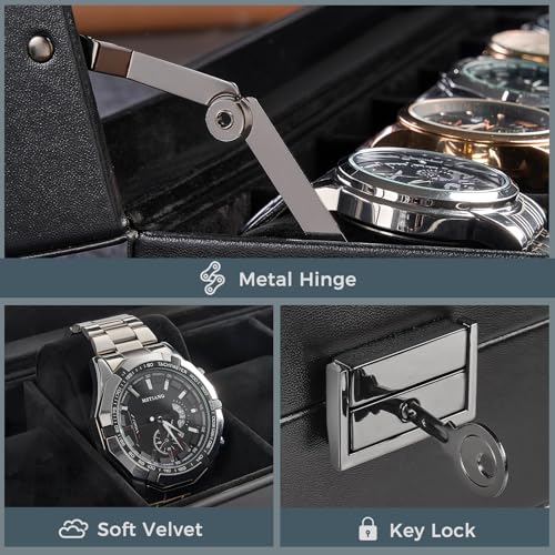 ProCase 6 Slot Watch Case Box for Men, PU leather Man Watch Organizer with Soft Pillow, Lockable Watch Collection Storage Holder with Glass Display Lid, Fathers Day Gift for Dad -AllBlack