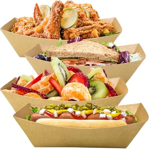 150 Pack 1 lb Food Serving Trays, Small Kraft Paper Oil-Proof Food Disposable Recyclable Take Out Food Serving Boats Baskets Trays for Concession Food and Condiments, Snacks Appetizer