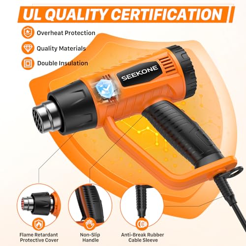 SEEKONE Heat Gun 1800W Heavy Duty Fast Heat Hot Air Gun Kit with 752℉&1112℉（400℃-600℃） Dual-Temperature Settings and 4 Nozzles with Overheat Protection for Crafts, Shrinking PVC, Stripping Paint