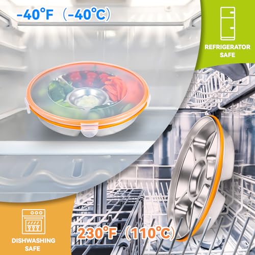 6-Compartment Stainless Steel Serving Tray with Lid - 10-inch Divided Snack/Vegetable/Fruit Tray for Christmas Parties, Snackle Box & Platter Container