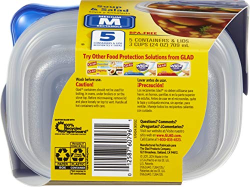 Glad GladWare Medium Rectangle Food Storage Containers with Lids, Airtight Leak-Resistant Plastic Containers for Soup Salad Meal Prep, Microwave Dishwasher Freezer Safe, 24 Oz, 5 Count