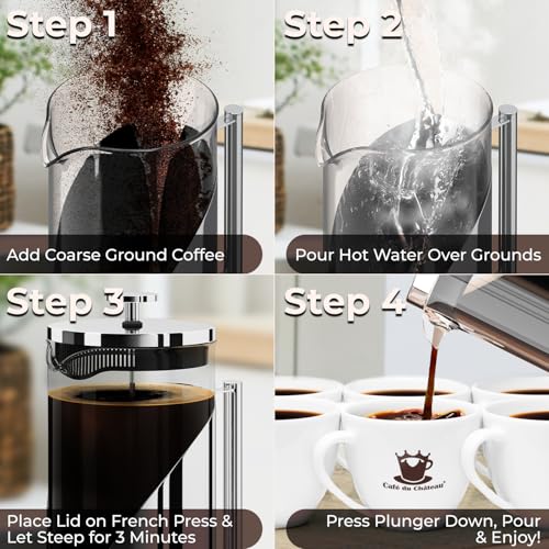Cafe Du Chateau Stainless Steel French Press Coffee Maker 34 oz - Easy to Use Insulated Coffee Press with 4-Level Filtration, Manual Brewer for Tea, Camping & Travel with BPA Free, Durable Clear Glass