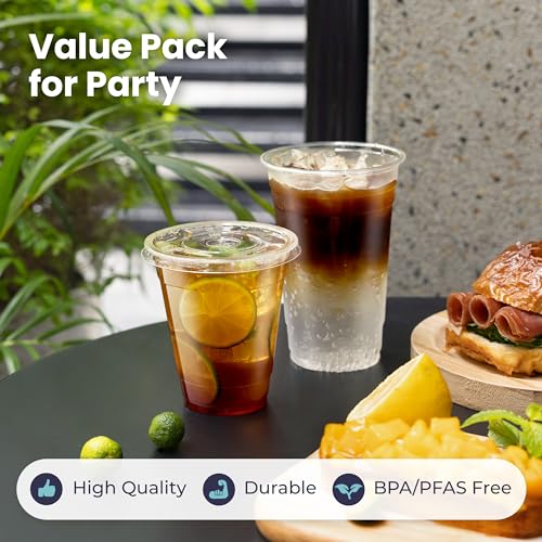 Fit Meal Prep 50 Pack 24 oz Clear Plastic Cups with Flat Lids, Disposable Iced Coffee Cups, BPA Free Premium Crystal Smoothie Cup for Party, Lemonade Stand, Cold Drinks, Juice, Milkshake