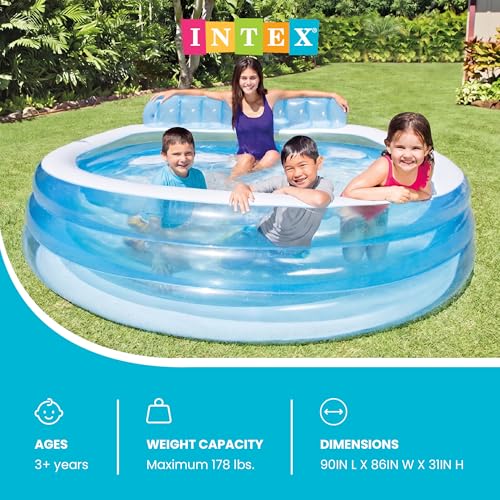 INTEX Swim Center Inflatable Family Lounge Pool: Built-In Bench – Cup Holder – 156 Gallon Capacity – 90" x 86" x 31" – Blue